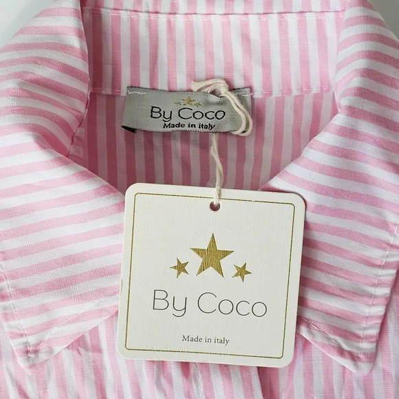 Italian 100% Cotton By Coco Pink White Striped Ruffle Button Up Shirt Size L/XXL - Picture 3 of 15